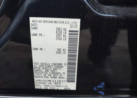 2021 Nissan Altima Sl Fwd z USA, uszkodzony, nr VIN 1N4BL4EV2MN312637